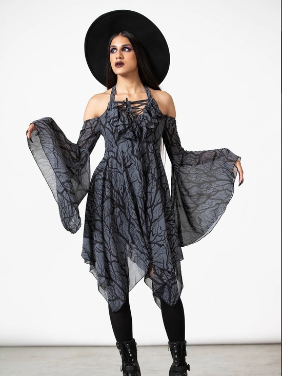 Killstar Dresses & Skirts - Killstar Gothic Lace-Up Asymmetrical Black & Gray Off-Shoulder Dress